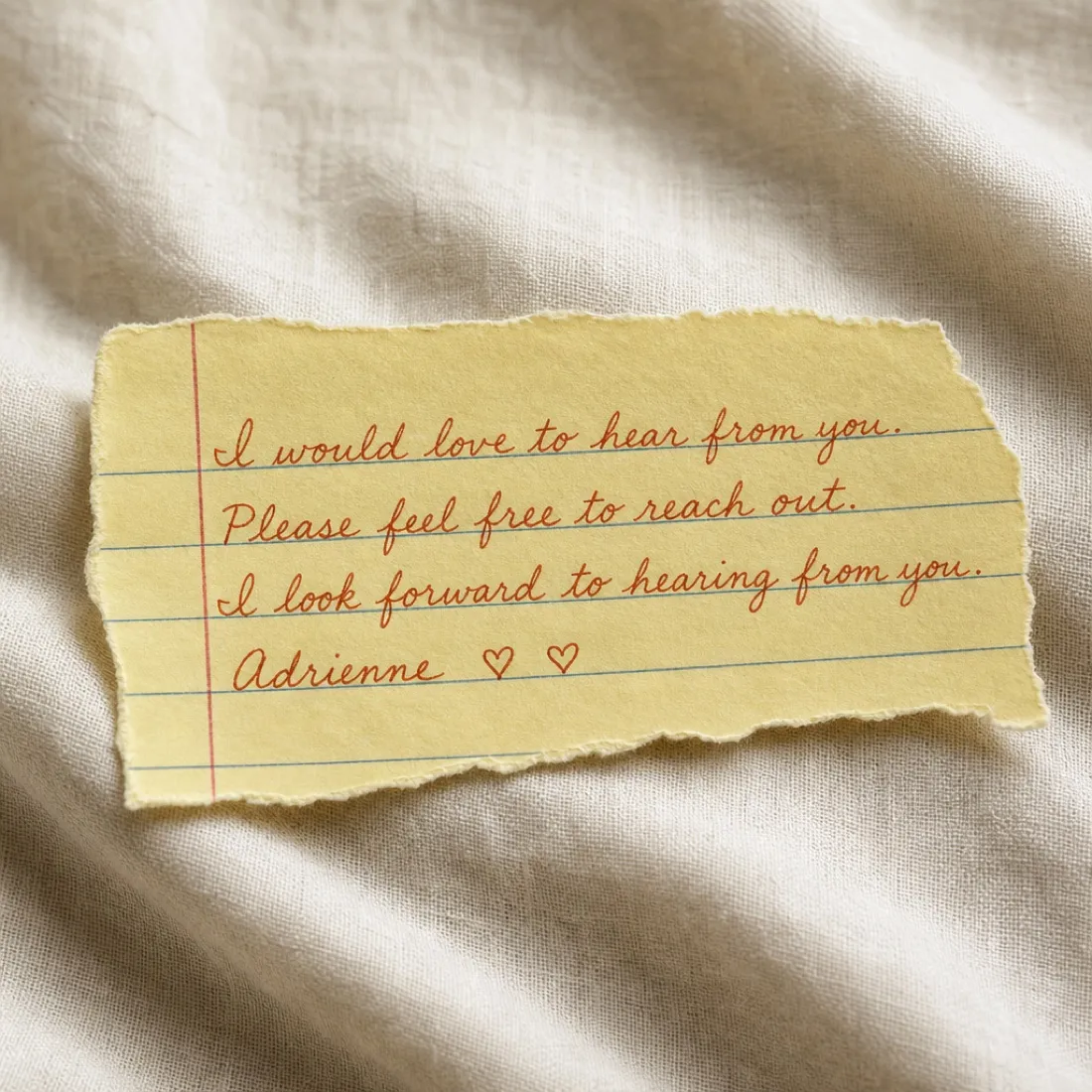 A handwritten note in orange ink: I would love to hear from you. Please feel free to reach out. I look forward to hearing from you. Adrienne.